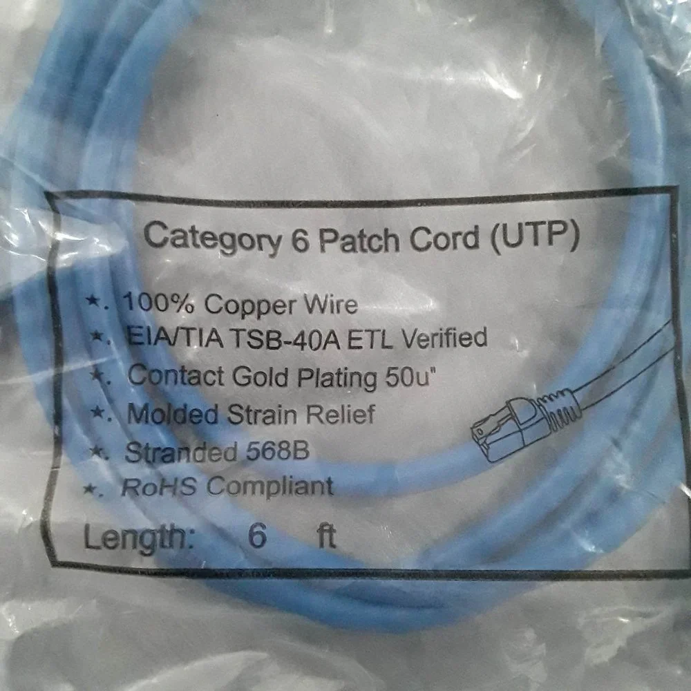 CATEGORY 6 PATCH CORD (UTP) - 100% COPPER WIRE - LENGTH 6 FEET - STRANDED 568-B